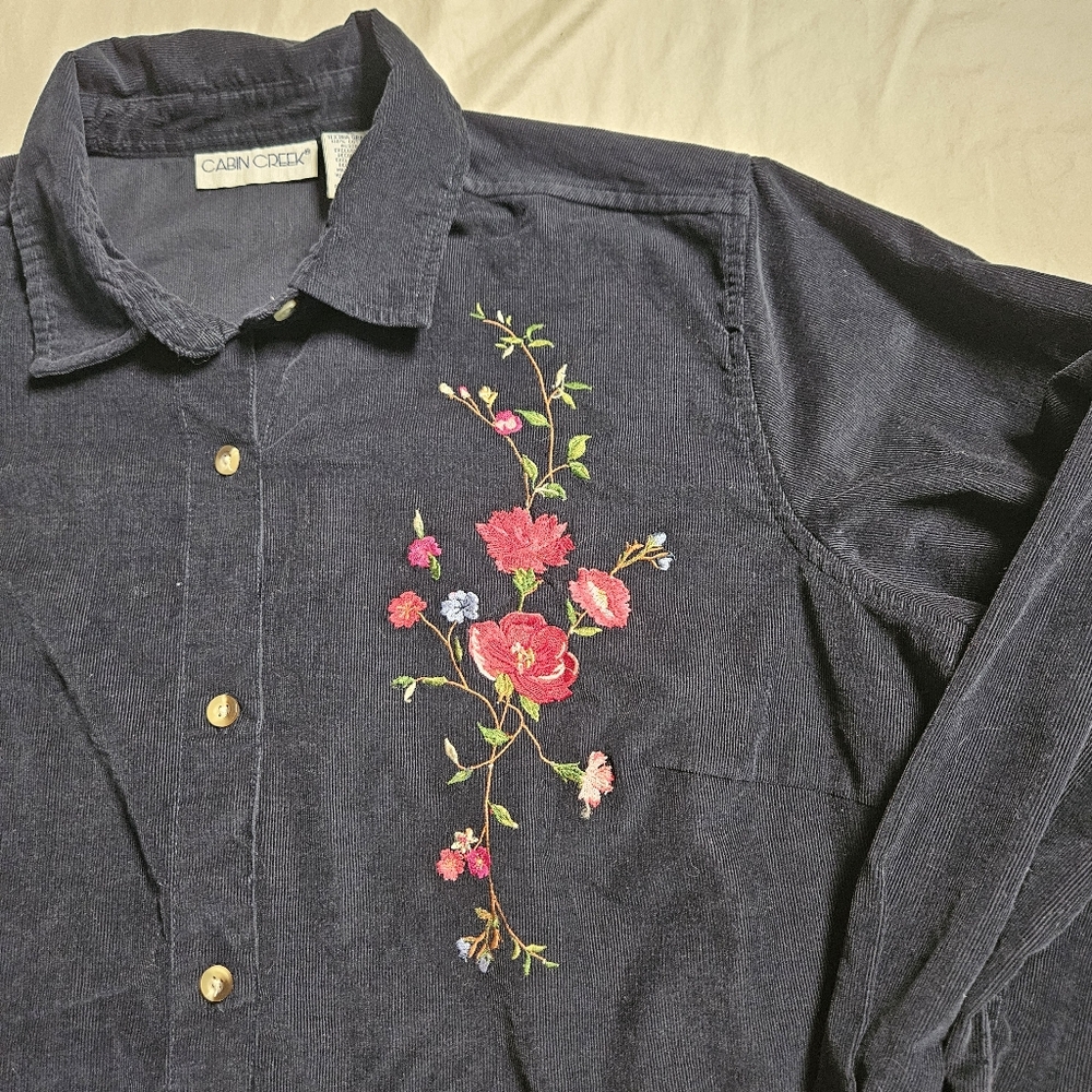 Vtg Cabin Creek Women's 1X Navy‎ Blue Corduroy Floral Embroidered Cottage Core